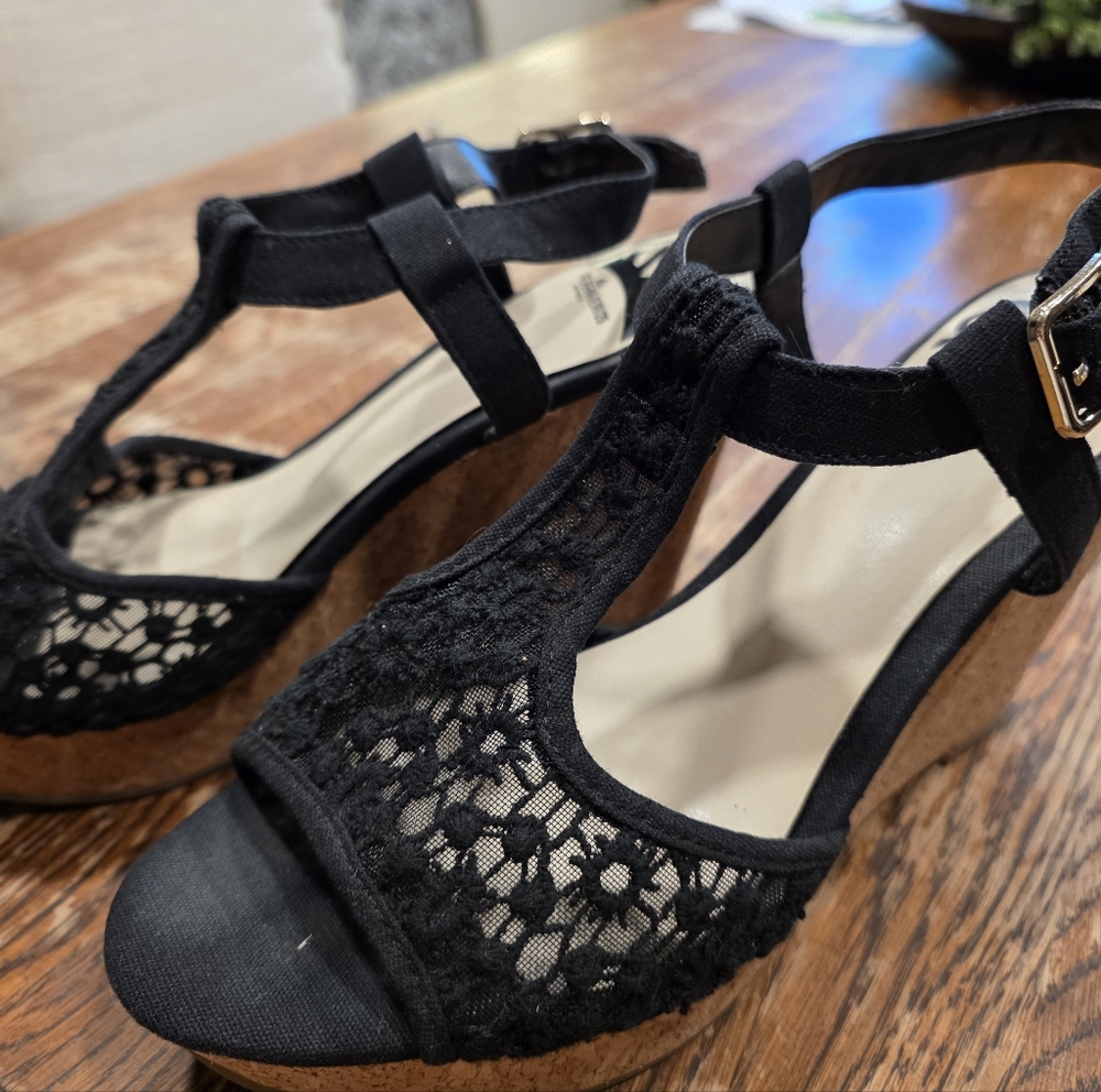 Fergalicious Black Strappy Cork Wedge Heels Shoes